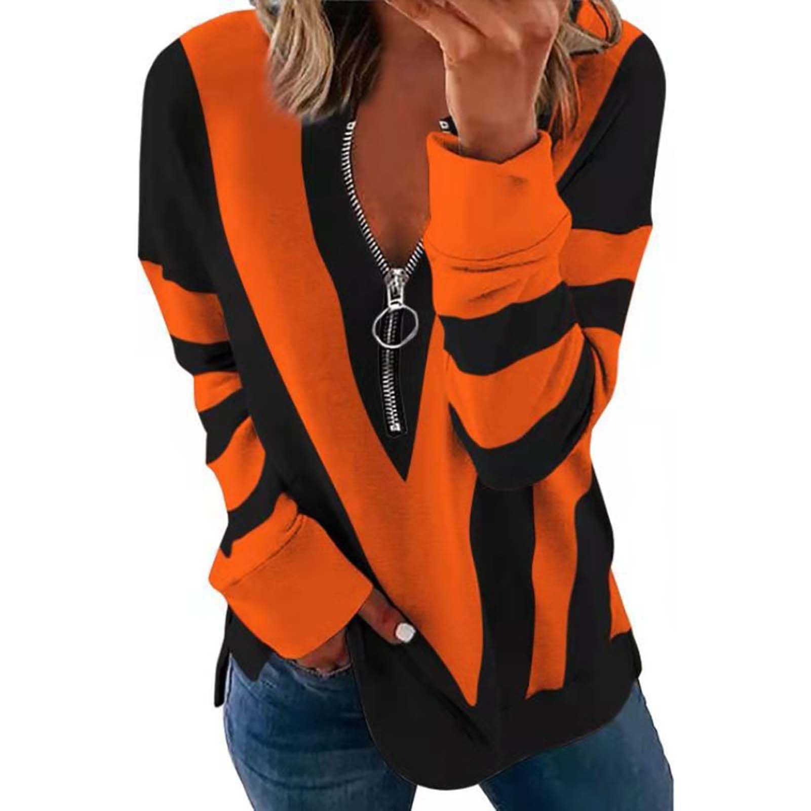 Autumn Blouse Shrinkable Cuffs V-Shaped Striped Elegant Blouse