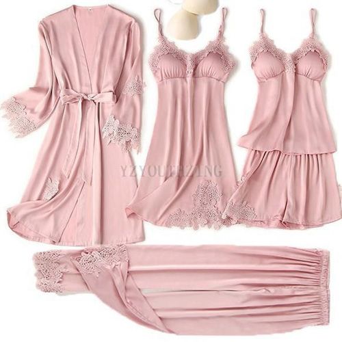 Lace 5PCS Pj's Sleep Set Women Satin Pajamas Summer Pyjamas Suit y Sleepwear V-Neck Kimono Robe Gown Nightwear Thin Lingerie