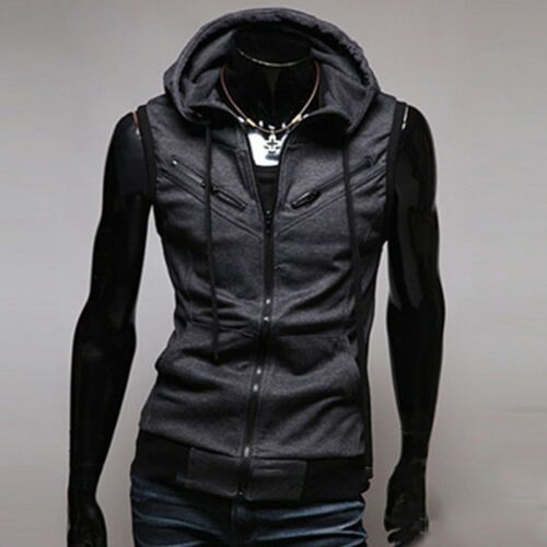 Mens Hooded Sleeveless Zip Casual Sweatshirt Hoodies Summer Autumn Solid Color Cotton Jacket  Vest Waistcoats Top