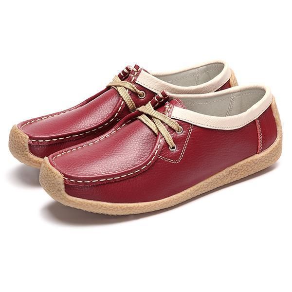 Fashion Women Leather Lace Up Leather Color Match Soft Casual Flat Loafers Boat Shoes