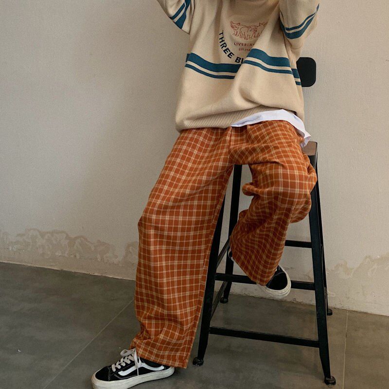 Checkered Pants for Women Vintage Plaid Pants Fashion Korean Style Wide Leg Pants Women Summer Blue Oversized Trousers