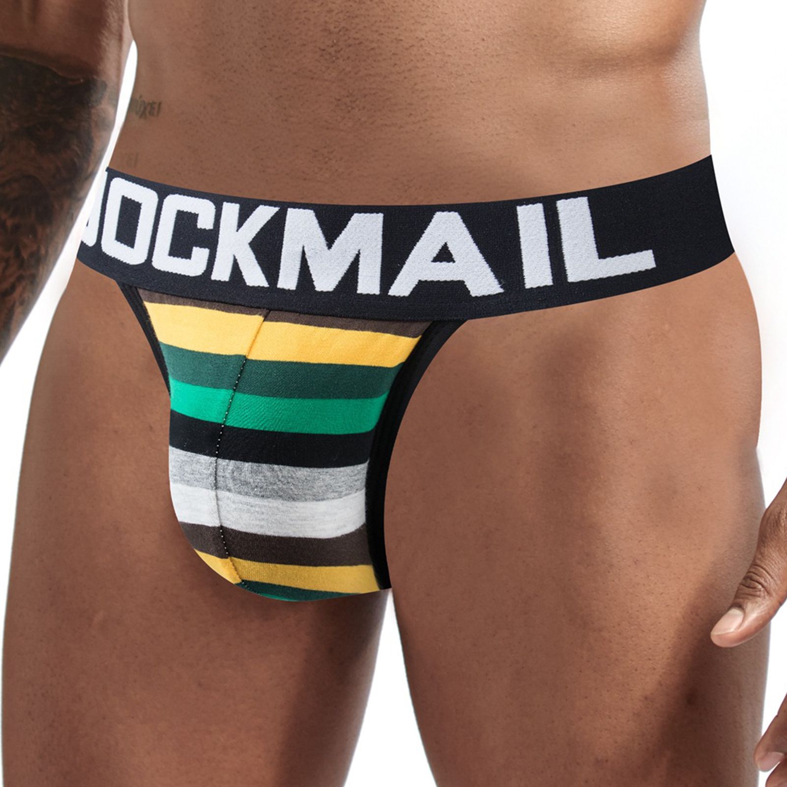 Men Low-rise Underwear Soft Rainbow Stripe Stretchy Briefs with Letters Belt