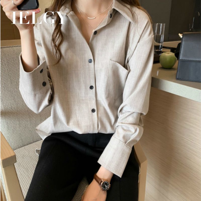 IELGY loose lazy shirt female long-sleeved shirt simple wild solid color shirt tide