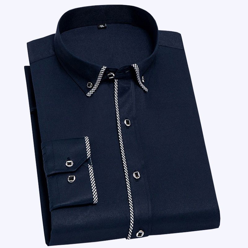 Social Mens Dress Shirt Boader White Long Sleeved Solid Plain formal shirts for Men Casual Darkblue Fashion Quality Man Clothes