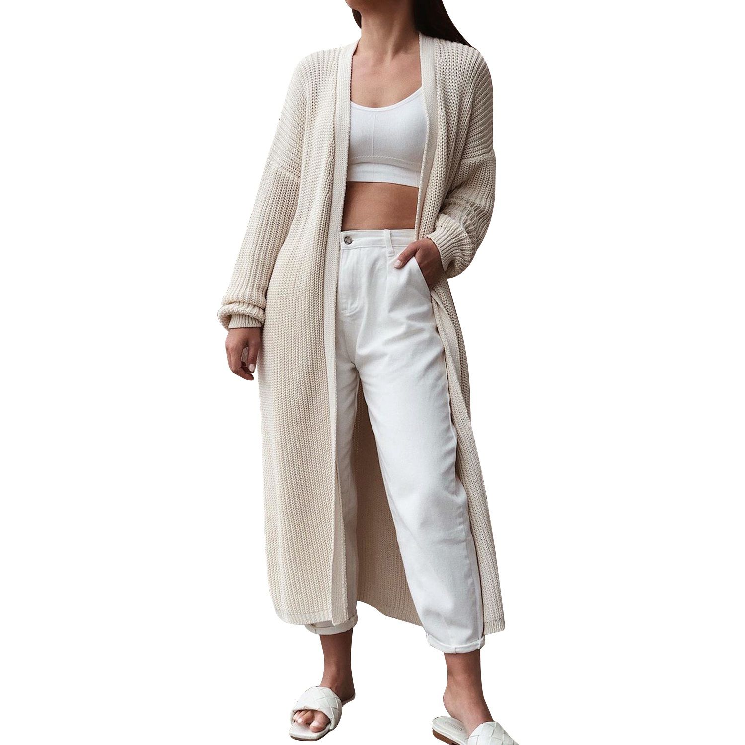 Harmony Women Long Cardigan Knit Jacket Long Sweater Autumn Spring Cardigan Casual Knitwear Coat Outwear Apricot M