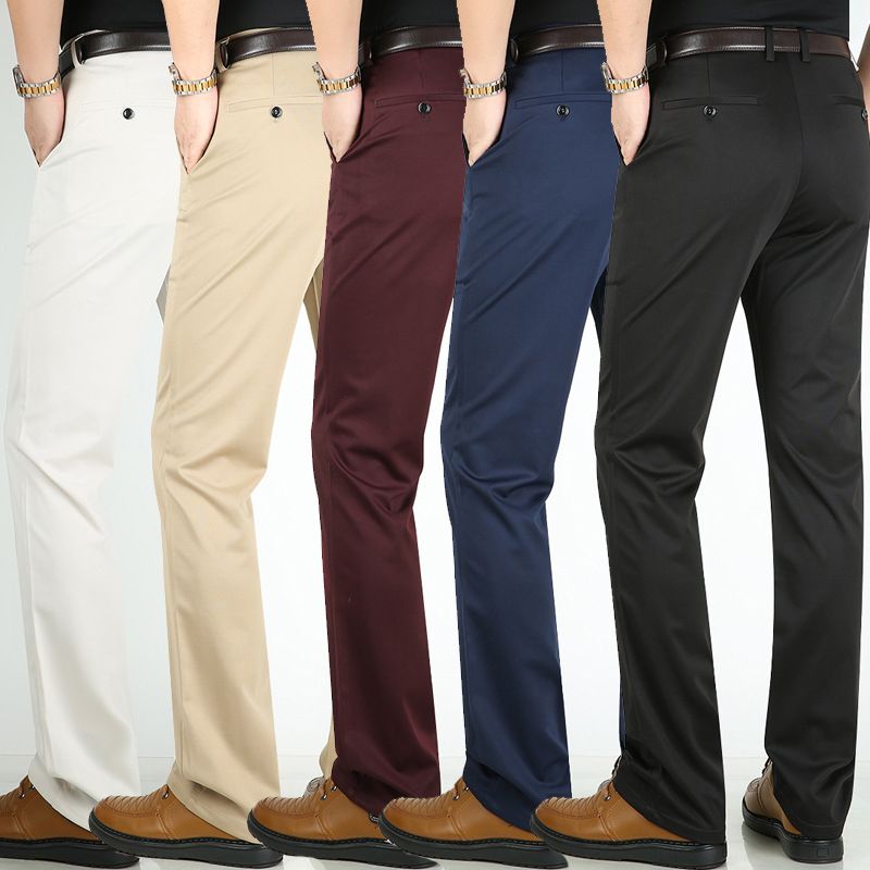 【ALLGOOD】 Summer Men's Thin Casual Pants Business Elastic Straight Middle-Aged Long Slim Trousers Anti-Crease Pants for Men