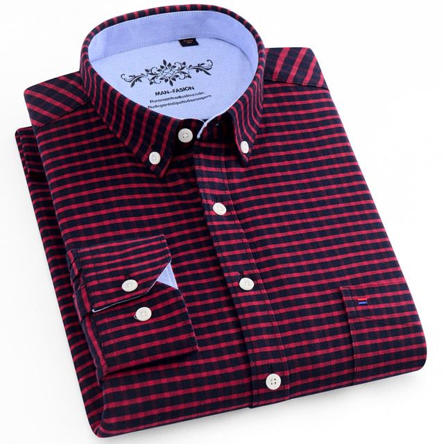 Men's Daily Casual Plaid Checked Oxford Shirts Single Patch Pocket Clean Stitched Regular-fit Long Sleeve Button Down Tops Shirt