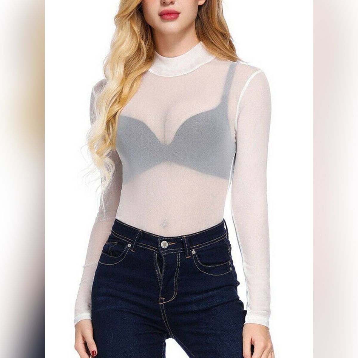 Women  Long Sleeve Mesh See-through Top Fashion Solid Color Tops for Party Club