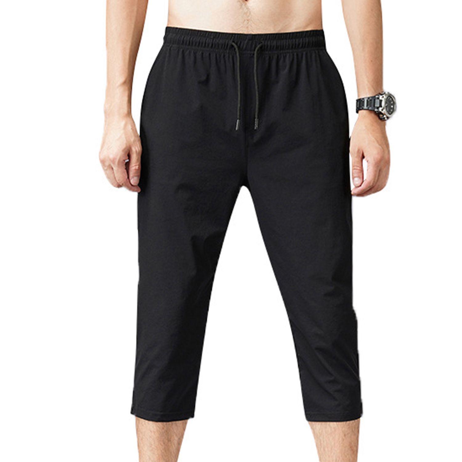 Solid Color Capri Pants Elastic Waist Men Drawstring 3/4 Length Stretchy Cropped Trousers Sweatpants
