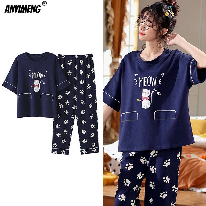 Sleepwear Cartoon Cotton Pajamas for Women Long Pants Short Sleeved Summer Spring Loungewear  Fashion Home Clothing Homewear