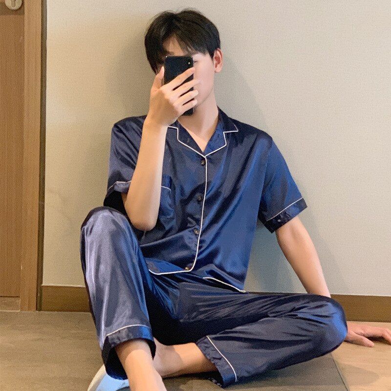 Summer  Solid Color Silk Satin Pajamas Couple Set Short Sleeve Trousers on-Down Lovers Sleepwear Plus Size Pj Set Pyjamas