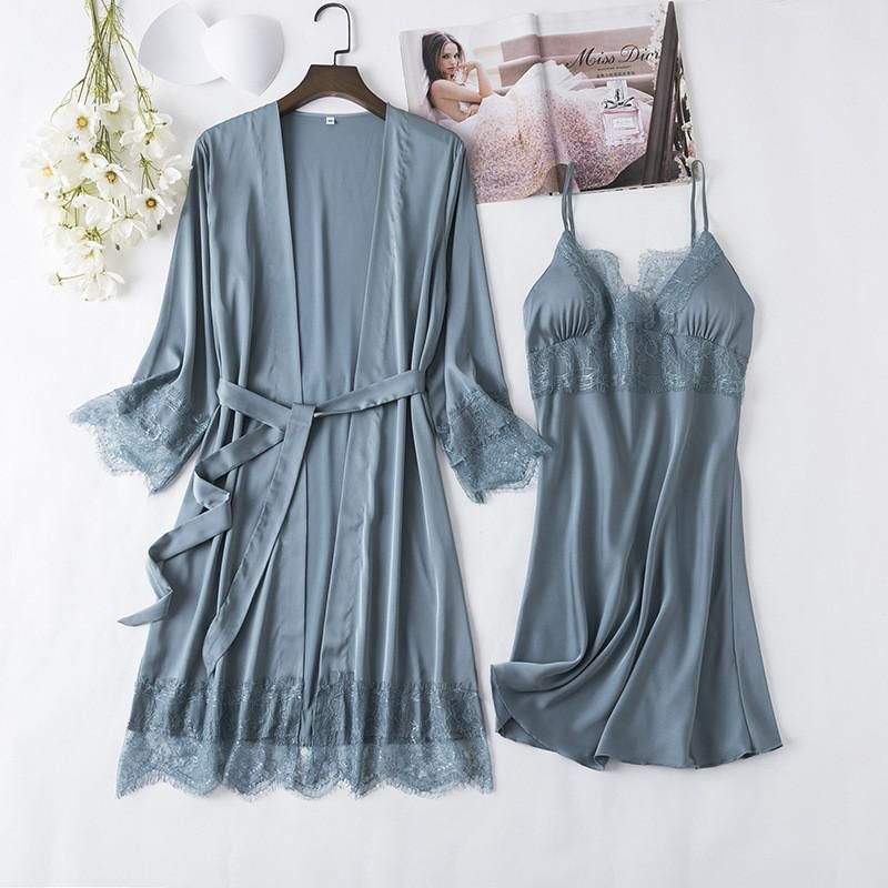 y Full Slip Lace White Silk Pajamas Set Women 5PCS Chemise Bride Wedding Robe Nightgown Sleepwear Kimono Bathrobe Lingerie