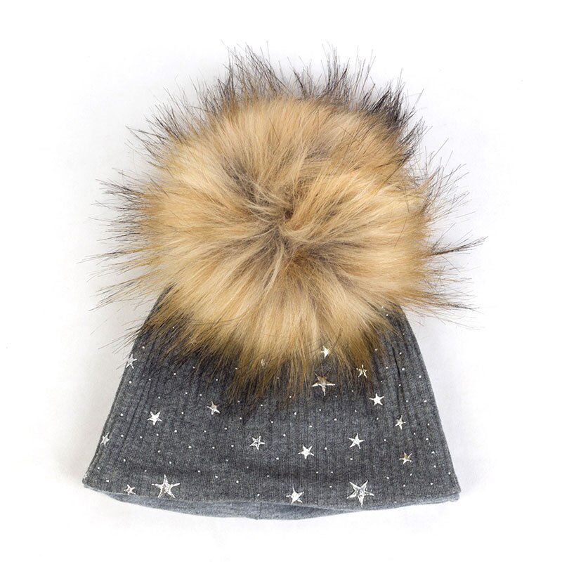 Geebro Newborn Warm Splatter Paint Beanies With Pom Pom Star Print Ribbed For Infant Toddler Faux Fur Hairball Caps