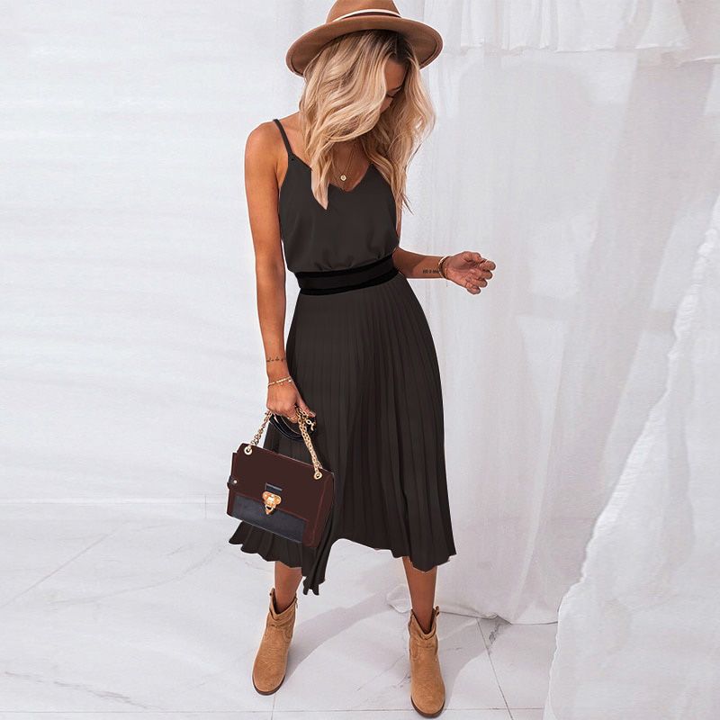 Women Summer DressDress V-Neck Pink Female Pleated Midi Dress Casual Office Ladies Party Dresses