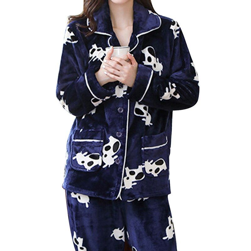 Winter Pajamas Set Women Sleepwear Warm Flannel Long Sleeve Pajamas Set Cute Print Home Wear Xmas Thicken 2pcs Suit Pijamas