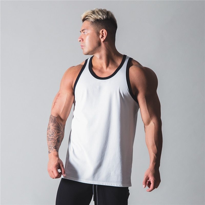 Color Patchwork Men Bodybuilding TaTops Gym Workout Fitness Cotton Sleeveless Shirt Running Stringer Summer Casual Vest