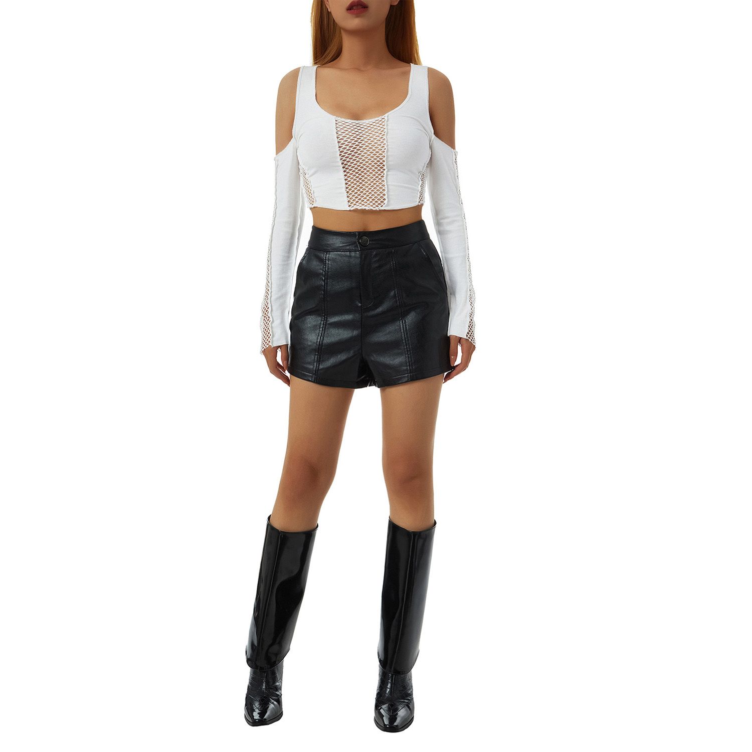 Women Crop Tops, Long Sleeve Round Neck Hollow Out Off Shoulder Street Party Short White Tops