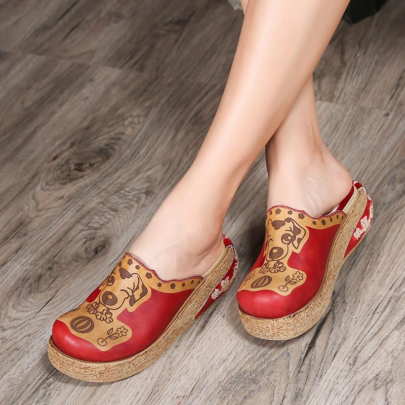 summer new thick-soled sandals and slippers female retro wedge leather animal head round head comfortable sandals