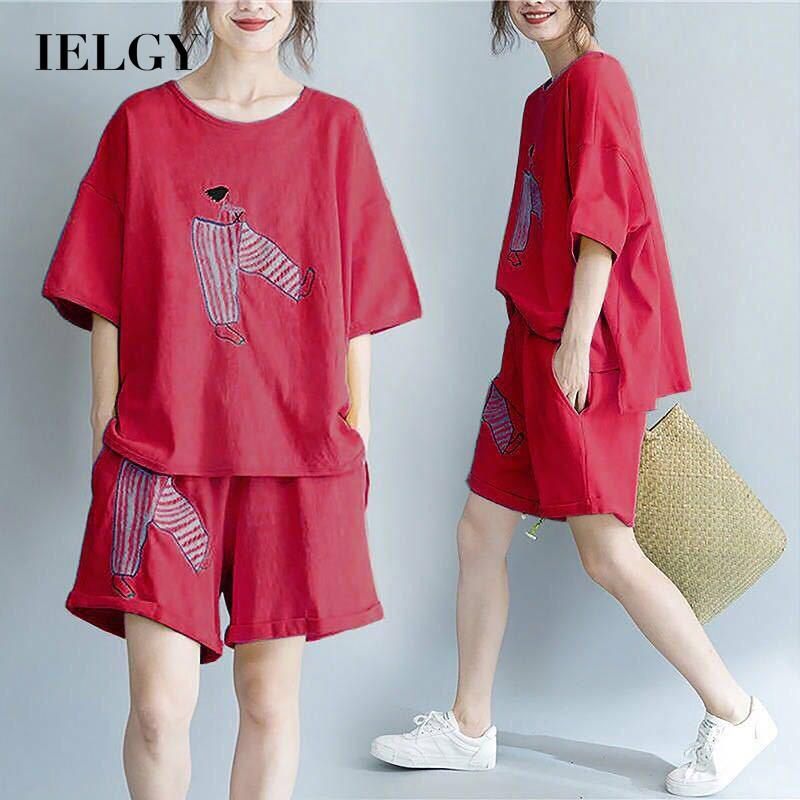 IELGY Women's clothes T-shirt two pieces black loose all-match short sleeve suit casual fashion