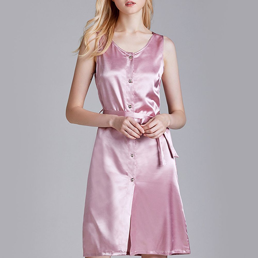 Fashion Women  None Sleeve Printed Nightwear Satin Button Belt Sleepwear