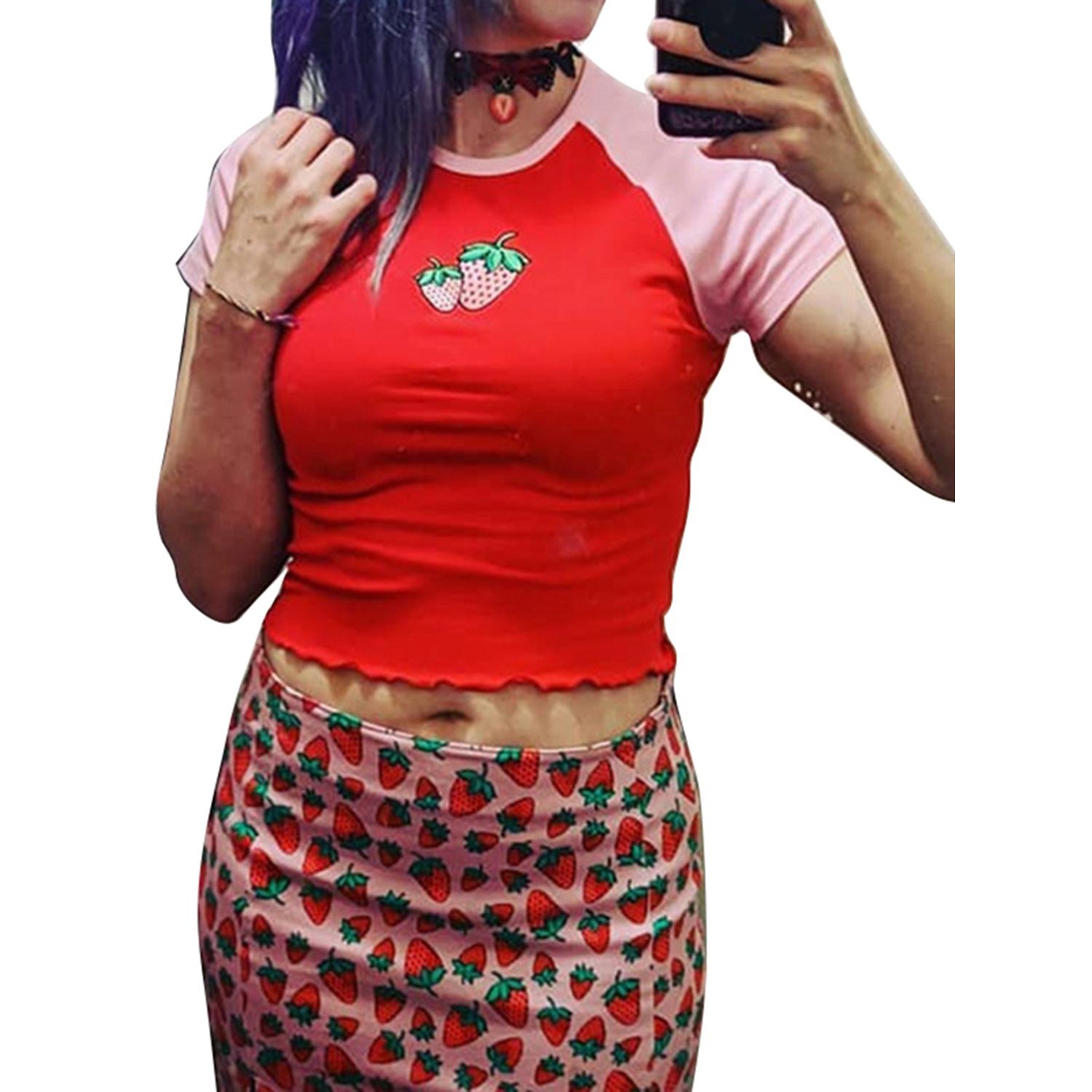 Women Sexy Strawberry Printed Lace Up Hem Short Sleeve Crop Top Fashion Slim Short Tees Tops