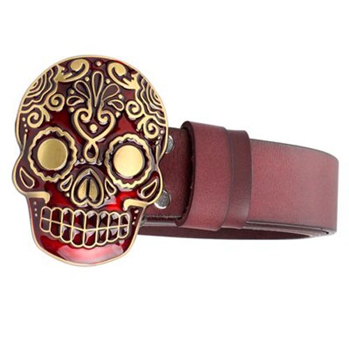 male belt Colorful skull buckle golden skull Belt men cowskin leather big style punk rock hip hop belt