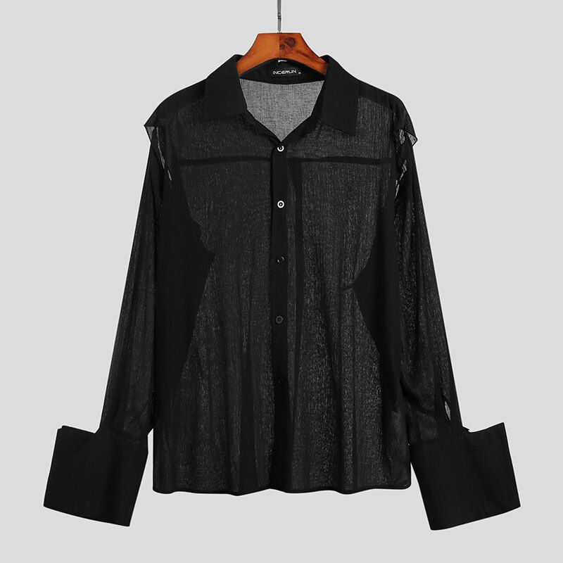 Fashion Men Mesh Shirt Solid Color Off Shoulder See Through Button Long Sleeve Blouse 2021 Streetwear Party Shirts INCERUN S-5XL