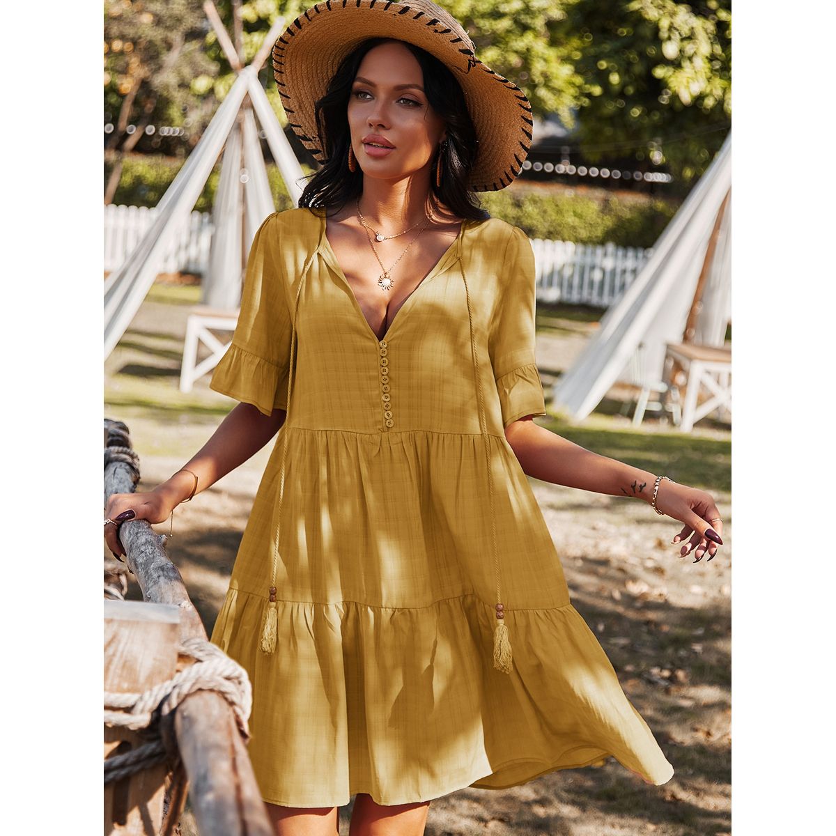 Summer Solid Ruffles Women Dress 2021 New Casual V-neck Butterfly Sleeve Mini Dresses For Women Holiday Vintage Dress Vestidos