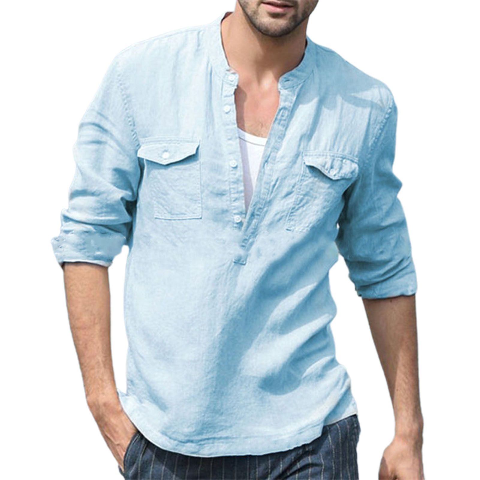 Long Sleeve Stand Collar Solid Color V Neck Pockets Pullover Men Beach Shirt for Vacation