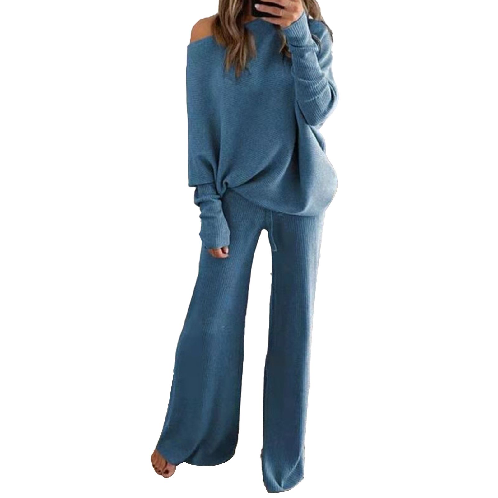 Women Top Pants Set Loose Pure Color Knitting Pullover Pants