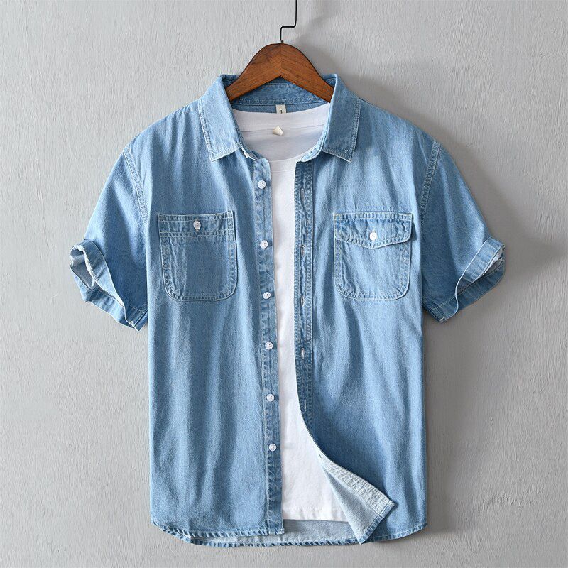 Denim shirt men New summer short sleeve pocket shirts Breathable blue casual man Denim shirt clothing Camisa masculina 559