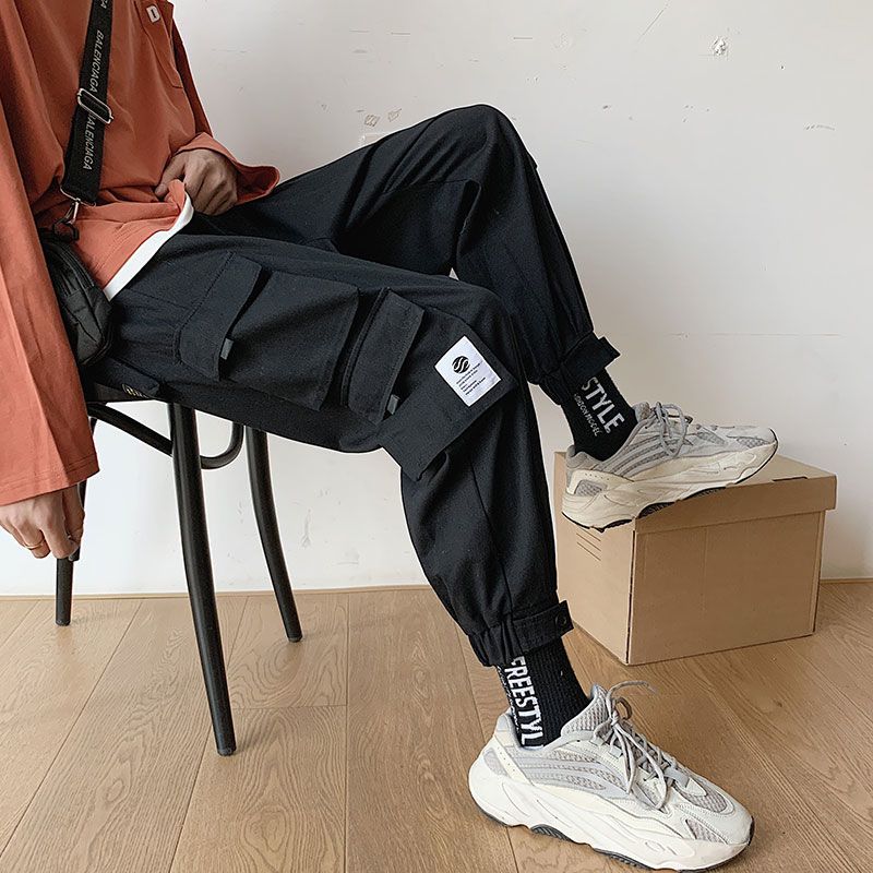 Men Casual Cargo Pants Solidckets Ankle-length Elastic Waist Fashion Streetwear All-match Korean Style Simple Chic Ins Loose