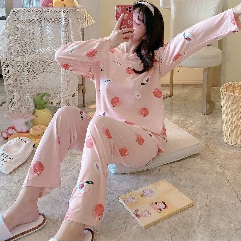 Women Cartoon Pajamas Set Autumn Winter Round-neck Long Sleeve Sleepwear Kawaii Print Female Comfort Plus Size XXL Homewear