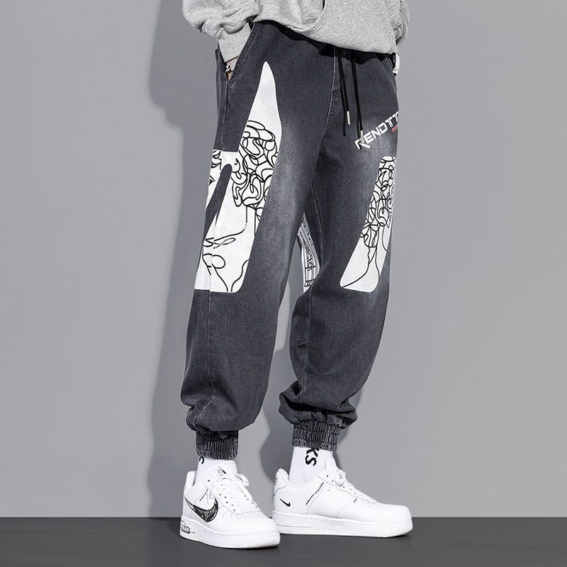 Men's Personalized Printed Jeans Korean Trend Loose Harem Pants Light Graffiti Casual Pants
