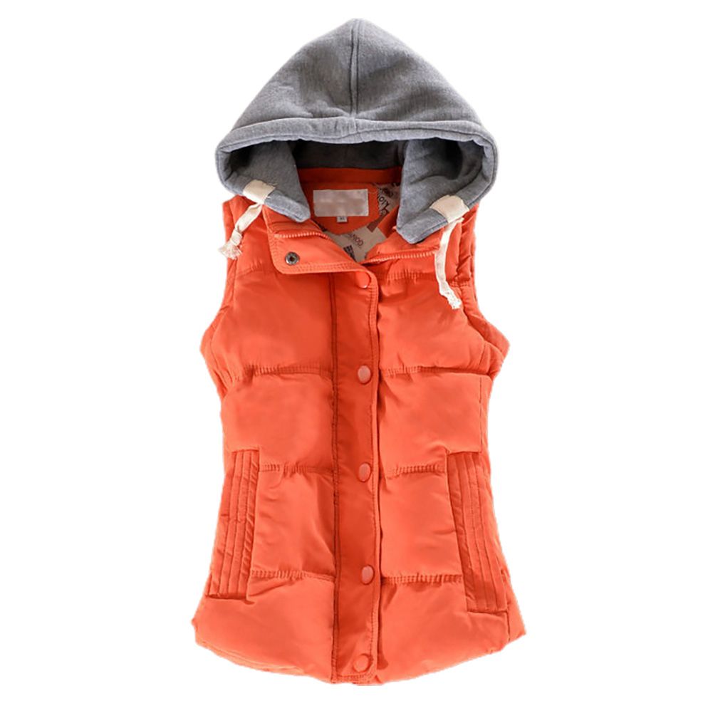 Women Autumn Winter Warm Down Vest Zip Button Pocket Removable Hooded Waistcoat