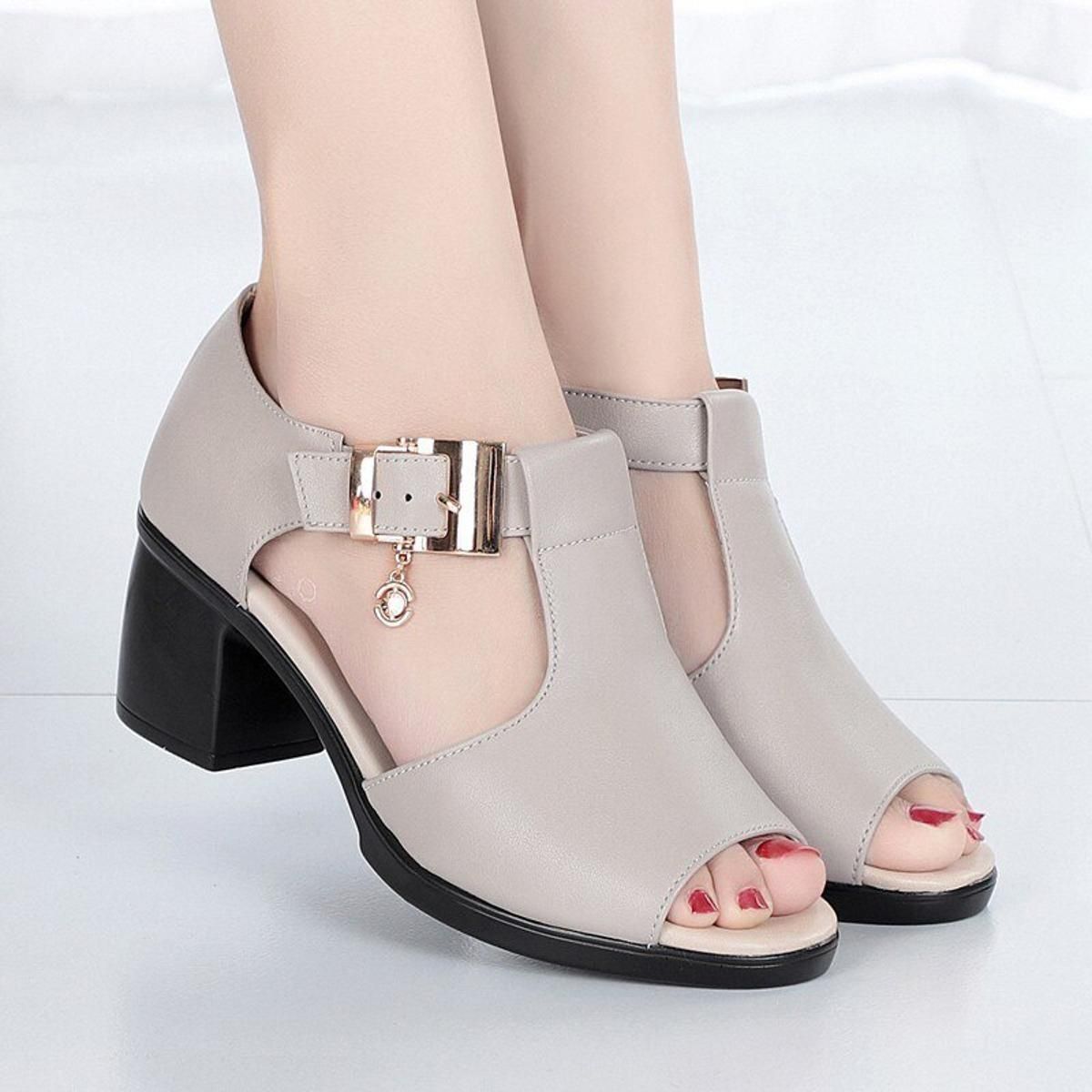 Pumps Women Sandals Pu Mid Thick Heel Peep Toe Casual Ladies Shoes Open Toe Buckle Strap Solid Color Wedding Shoes