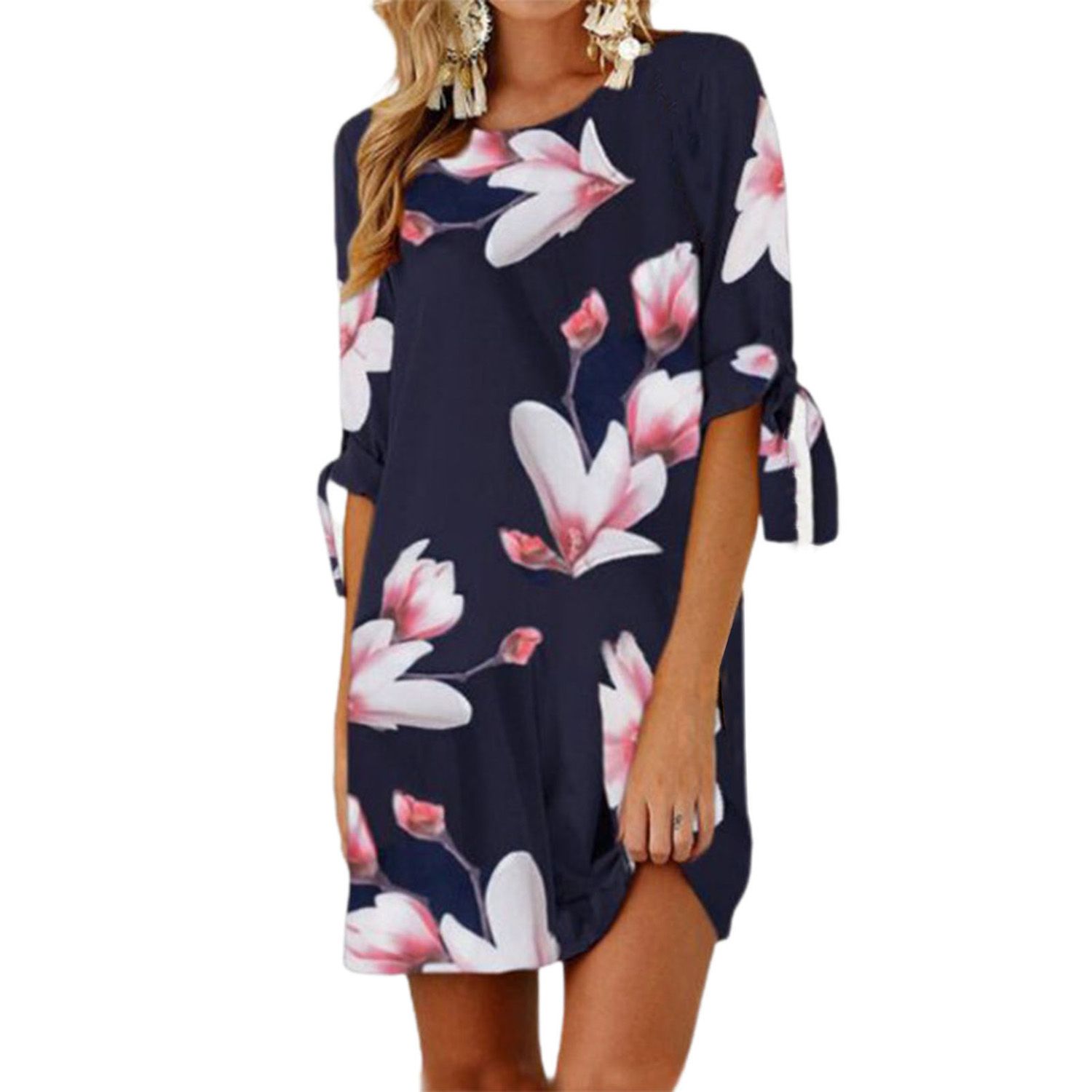 Summer Dress Straight Flower Print Tied Half Sleeve Dress