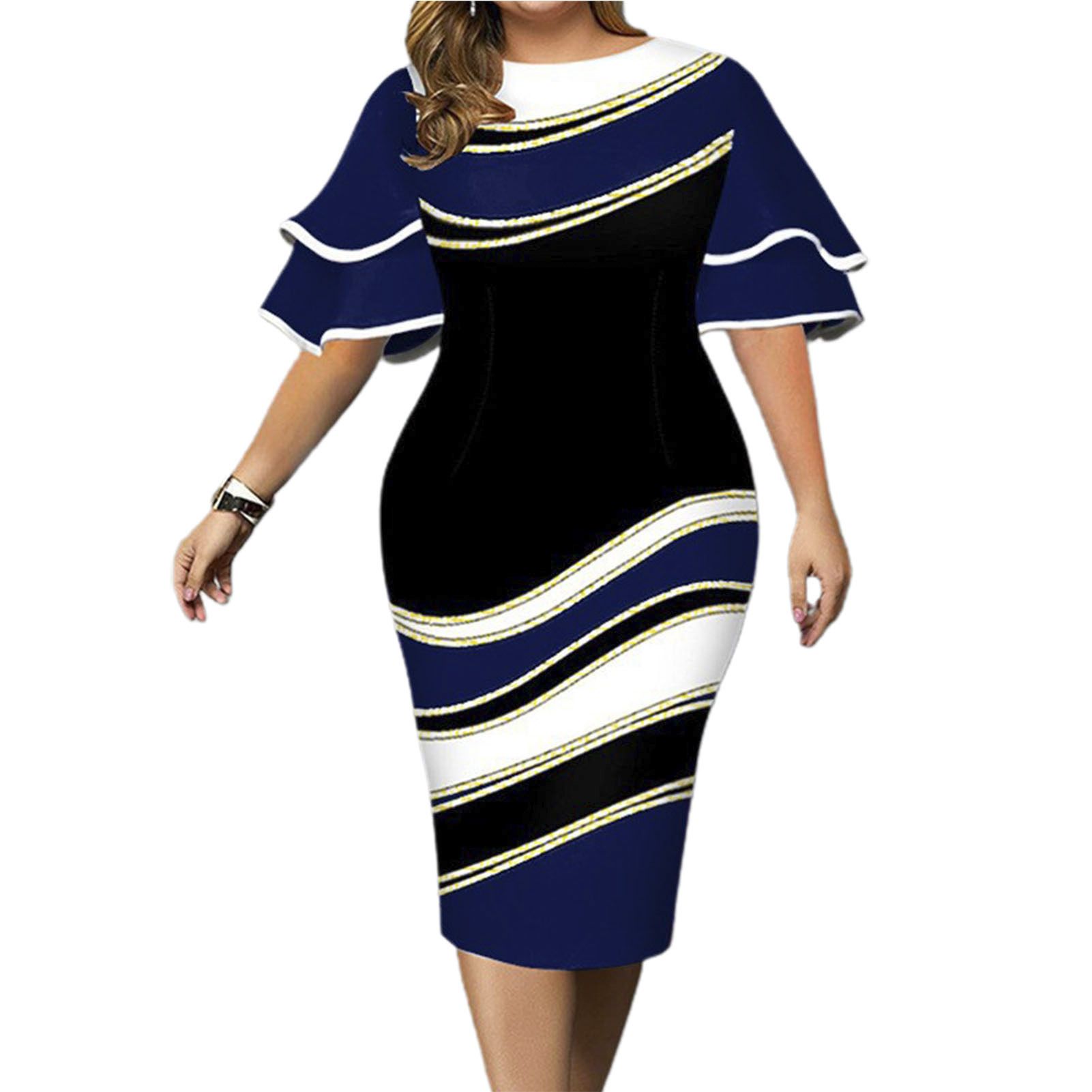 Office Lady Dress Round Neck Geometric Print Slit Hem Dress