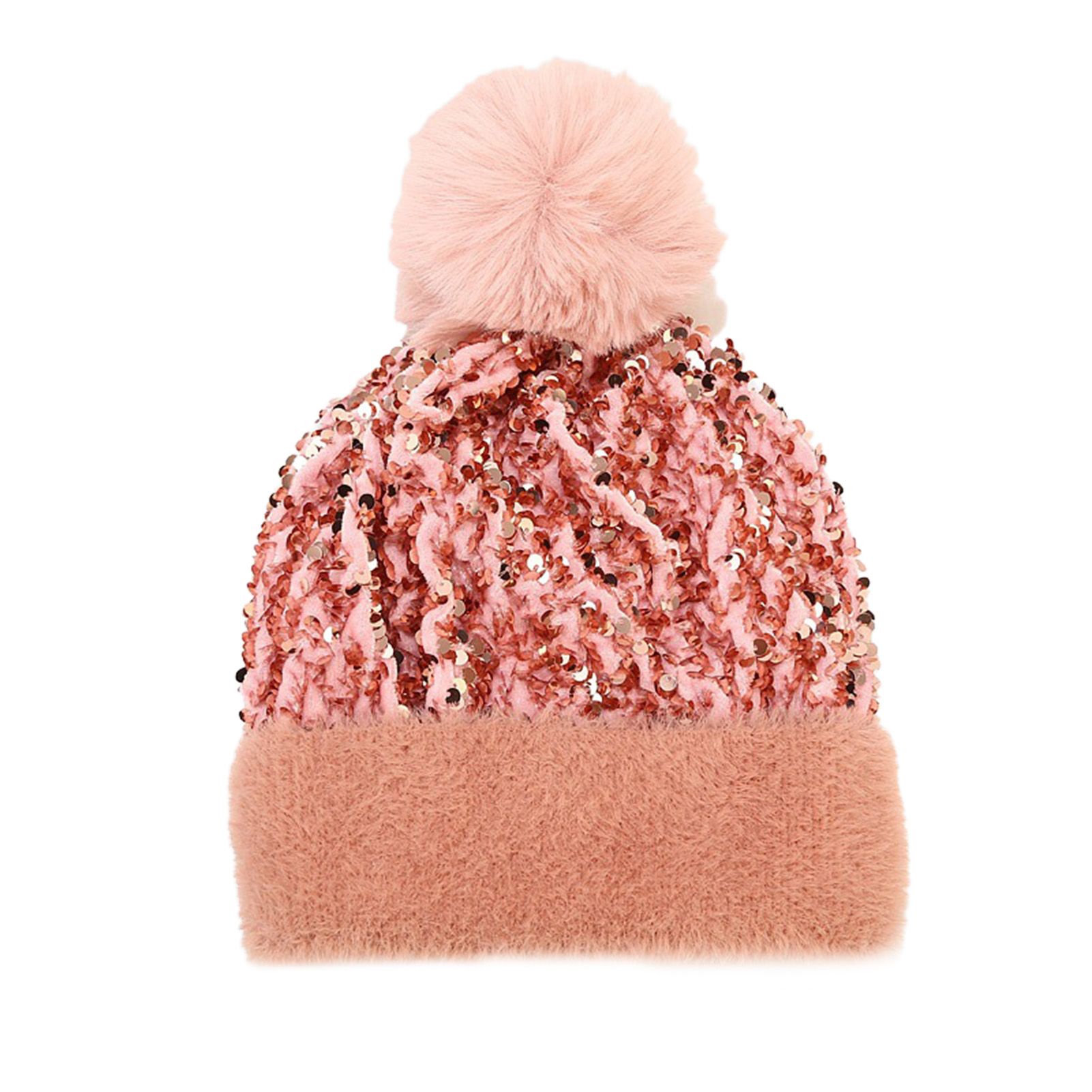 Knitted Beanie Sequins Removable Hair Ball Women Shiny No Brim Knitted Hat Bonnet Cap for Outdoor