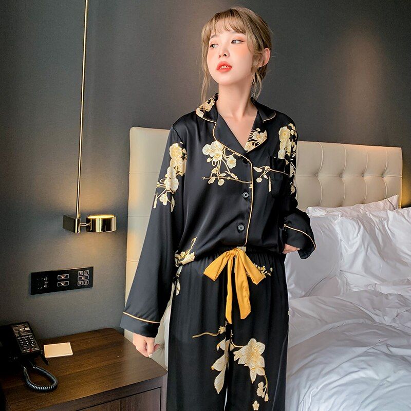 Spring Women's Pajamas Set Luxury Style Black Golden Flower Print Sleepwear Silk Like Couple Home Clothes Nightwear for Men