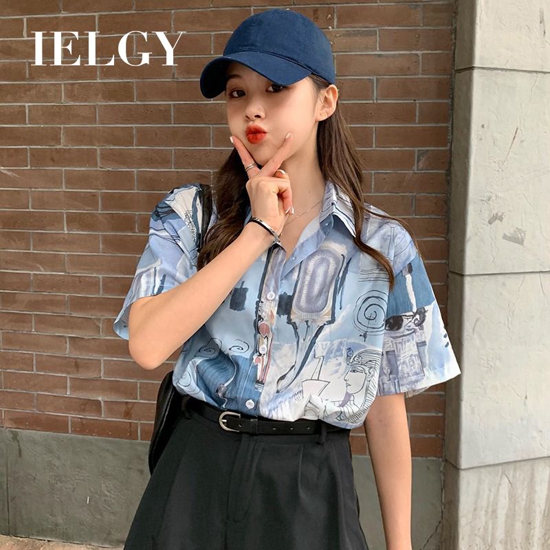 IELGY Printed shirt niche loose short sleeve mid-length top