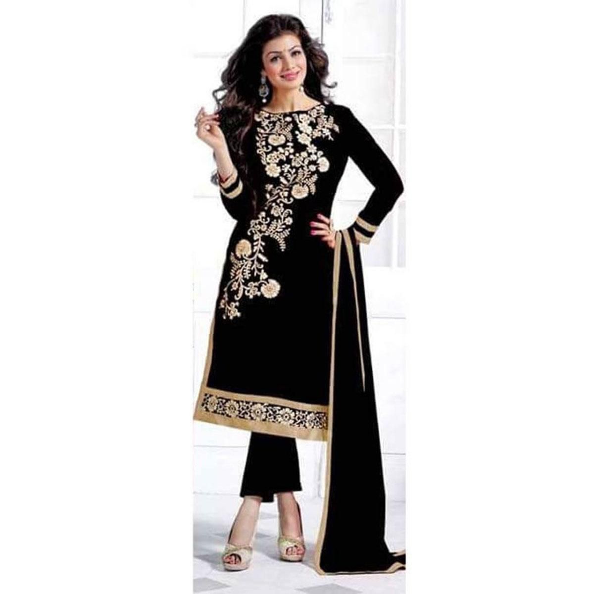 Unstitched Black and Golden Cotton Salwar Kameez For Women