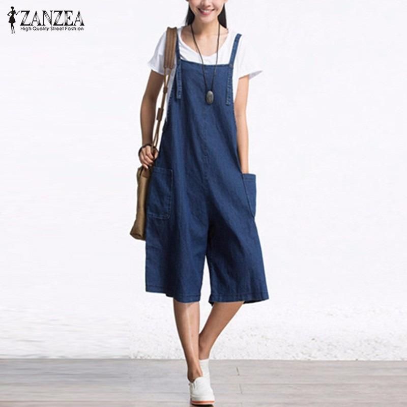 ZANZEA Rompers Womens Jumpsuit Summer Autumn Sleeveless Fashion Wide Leg Pants Denim Calf Length Vintage Overalls S-5XL