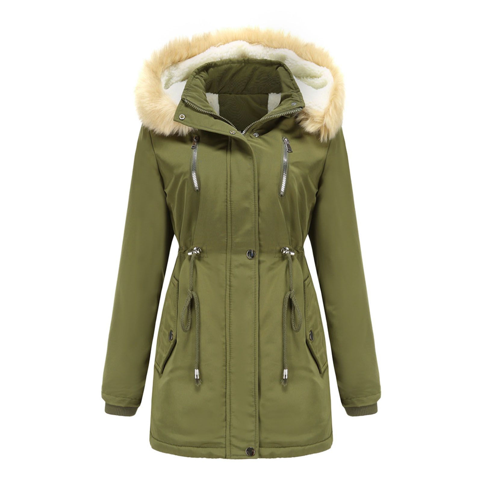 Winter Jacket Waist Tight Cashmere Lining Hand Pockets Women Coat