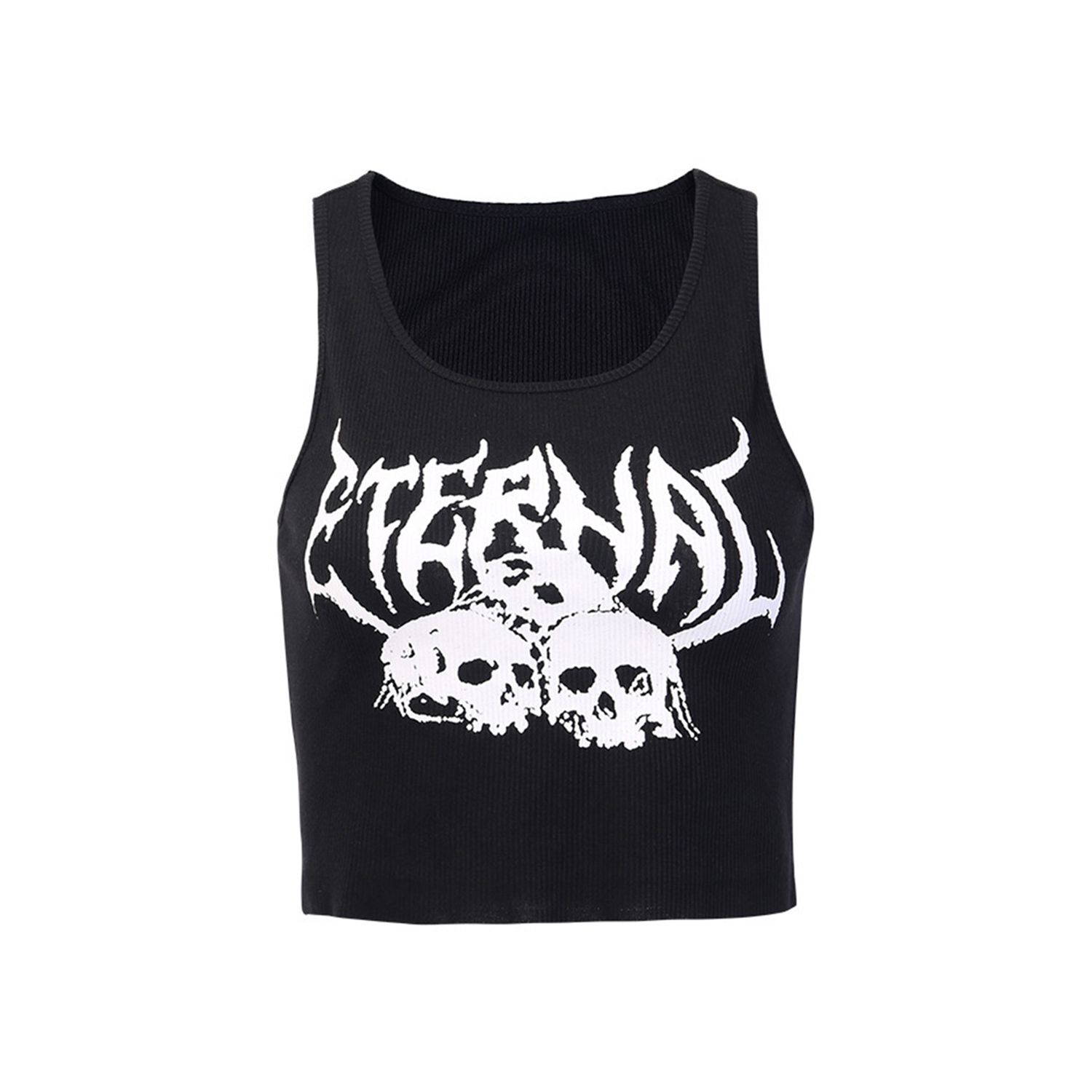 New Women’s Summer Skull Print Vest Top Fashion Round Neck Exposed Navel Sleeveless Bottoming Top