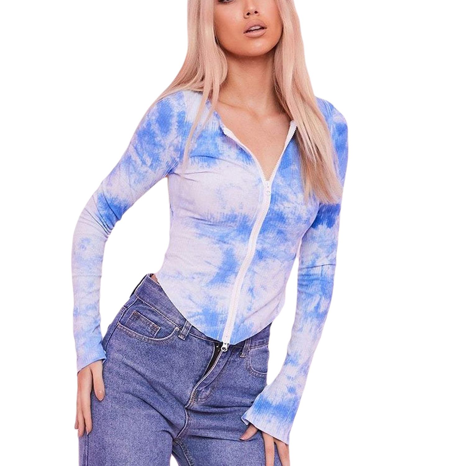 Women's Ribbed Knit Top, Stylish Tie Dye Print Long Sleeve Zip Front Slim Fit Tee Shirt