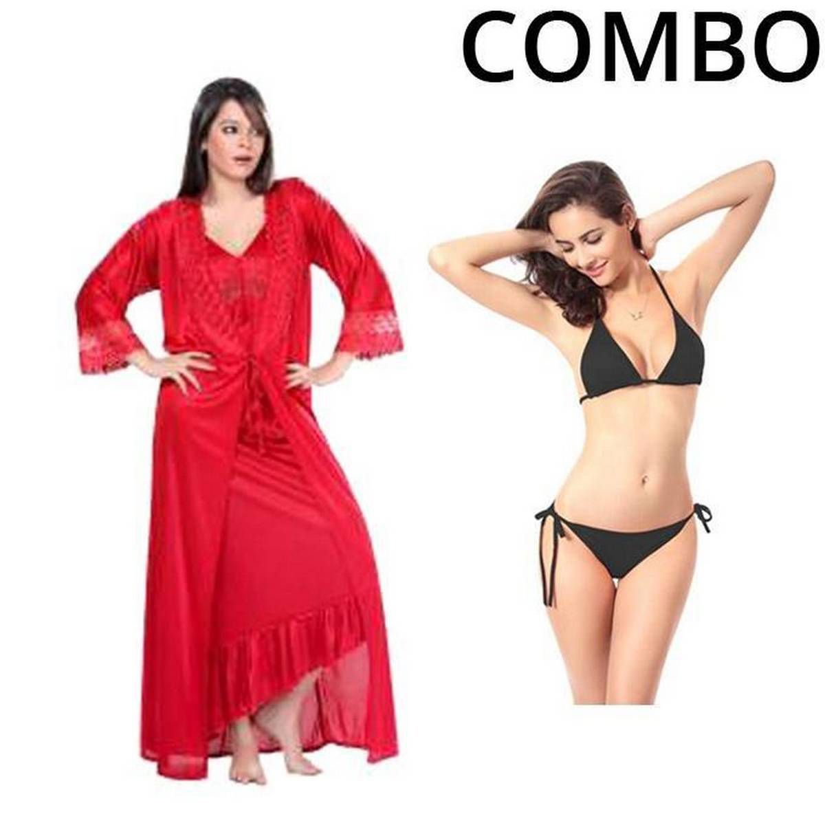 Combo of origin indianSatin Night Gown and Bikini Set For Women