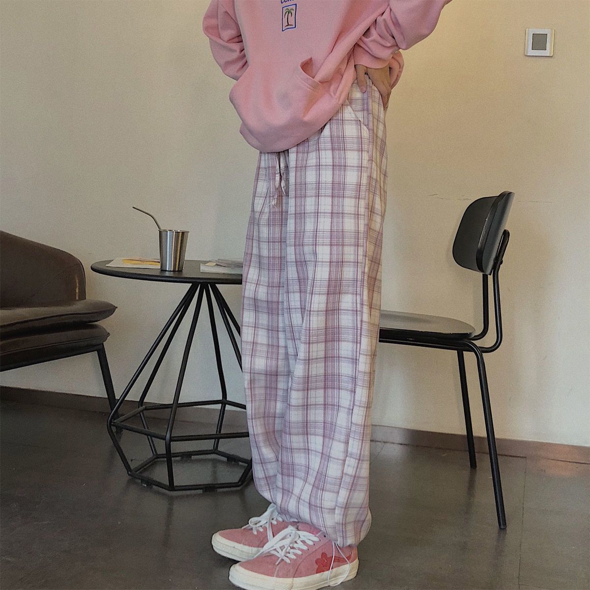 Plaid Pants Women Autumn Fashion Pink High Waist Pants Casual Loose All-match Trousers Harem Pants Women