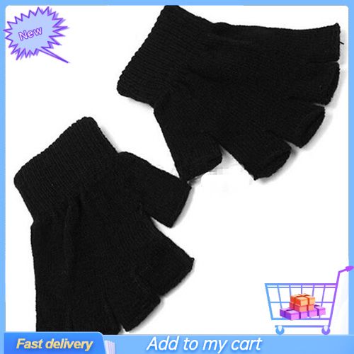1 Pair Men Women Fingerless Winter Warmer Mittens Black Stretch Knitted Gloves
