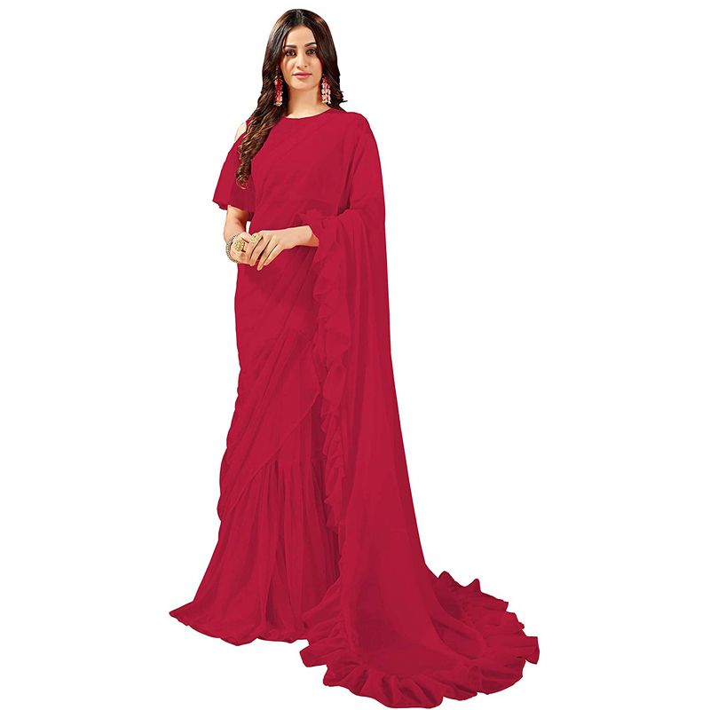 Anjaneya Women's Georgette Ruffle Frill Sharee With Running Blouse Piece By SOHAMONI